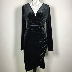 Black velvet elegant form fitting dress long sleeve vee neck stretchy size M